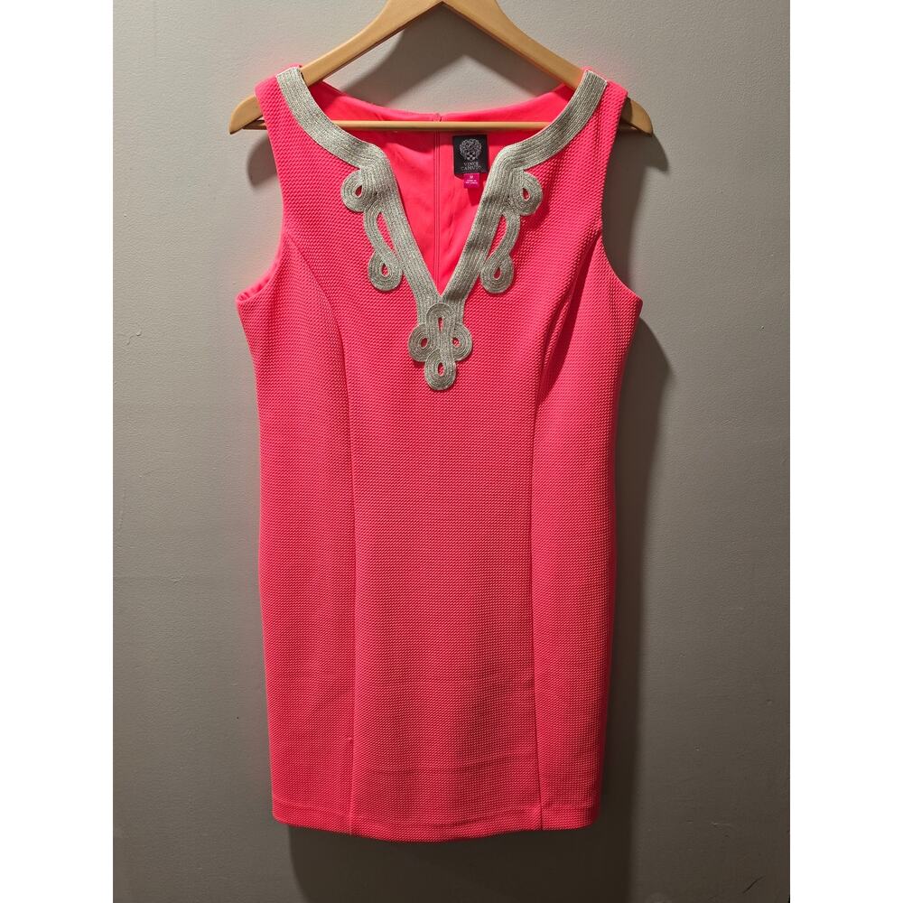 Vince Camuto Shift Dress Size 12 Neon Coral Pink Silver Trim Sleeveless Cocktail